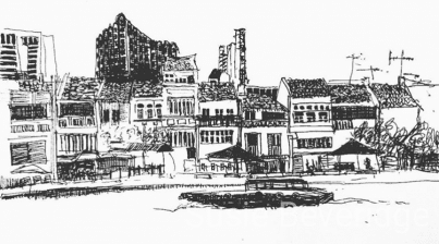 Pen sketch of Boat Quay Singapore