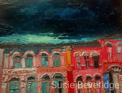 Monsoon skies over China town Singapore in oils