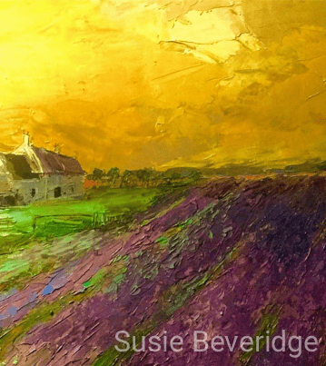 Lavender fields under a dusky yellow sky